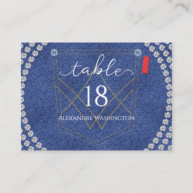 Tarjeta De Mesa Denim y Diamonds Jeans Azules Bling Birday Party (Reverso)
