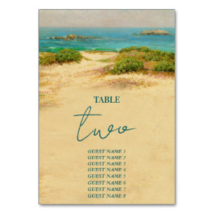 Tarjeta De Mesa Destino de Boda Costera en Playa con Acuarela