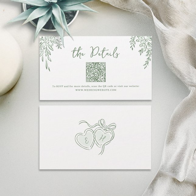 Tarjeta De Mesa Detalles de código QR de boda caprichosa dibujada  (Sage Hand Drawn Whimsical Wedding QR code Details Place Card)