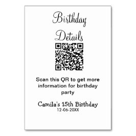 Tarjeta De Mesa detalles de fiesta de cumpleaños escaneados con qr
