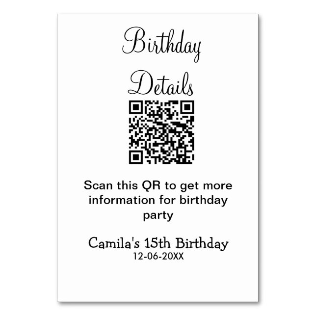 Tarjeta De Mesa detalles de fiesta de cumpleaños escaneados con QR (Anverso)