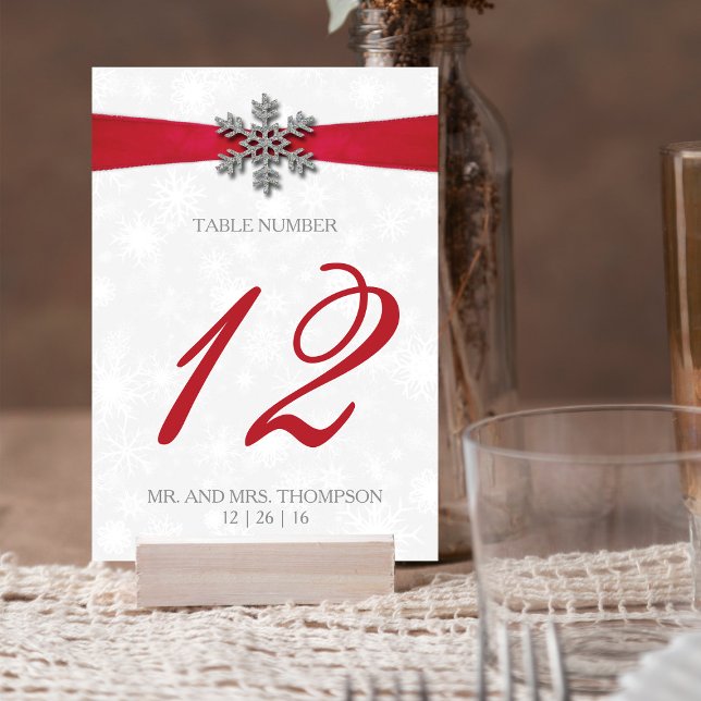 Tarjeta De Mesa Diamante Snowflake & Red Ribbon Boda de Invierno (Subido por el creador)