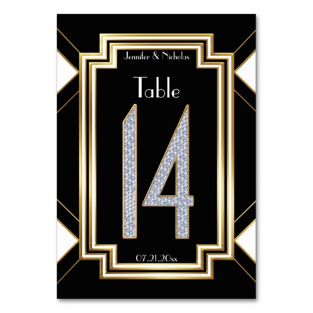 Tarjeta De Mesa Diamantes Art Deco Boda Tabla Número catorce (Anverso)