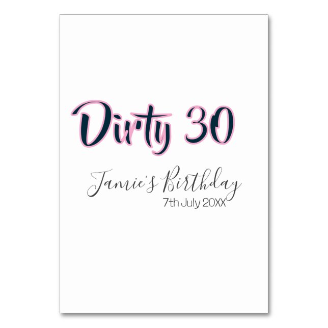 Tarjeta De Mesa Dirty 30 happy birthday name date pink gray callig (Anverso)