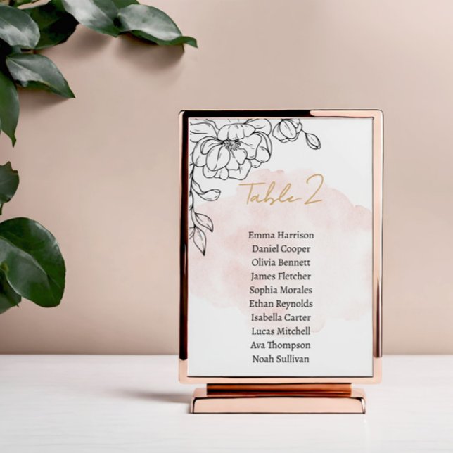 Tarjeta De Mesa Diseño acuarela de Rubor con elegancia floral negr (Blush Watercolor Design with Black Floral Elegance Table Number)