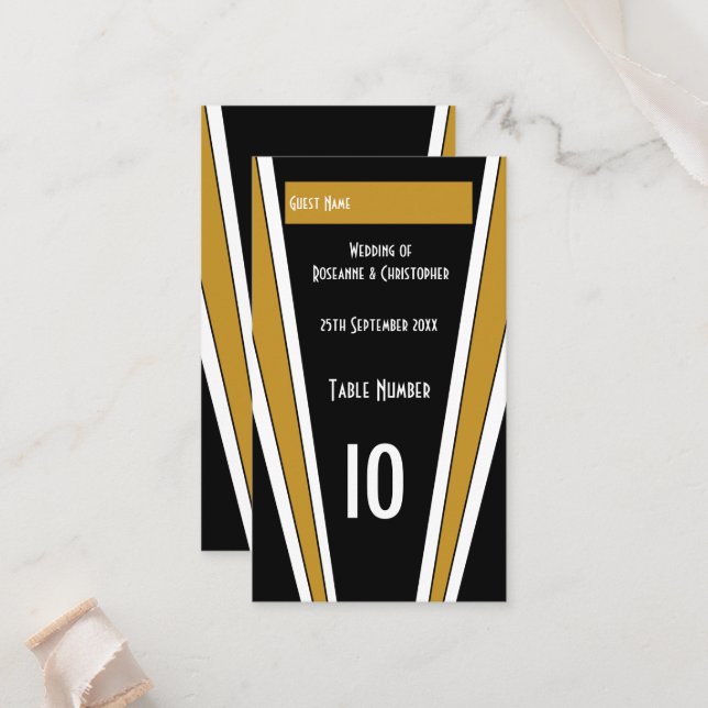 Tarjeta De Mesa Diseño Art Deco Negro Y Boda De Oro (Anverso/Reverso In Situ)