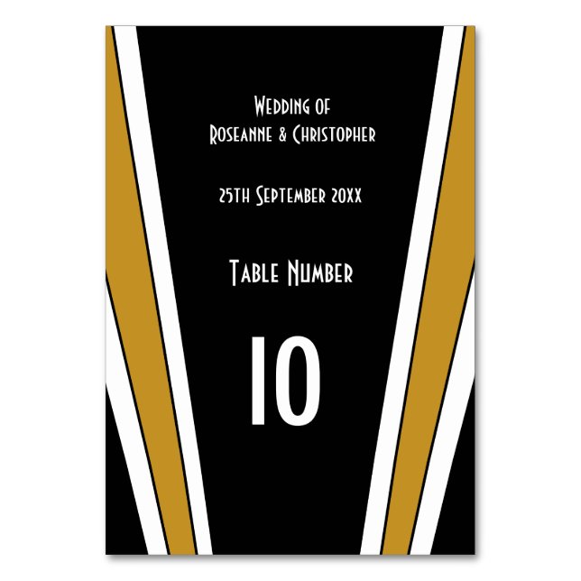 Tarjeta De Mesa Diseño Art Deco Negro Y Boda De Oro (Anverso)