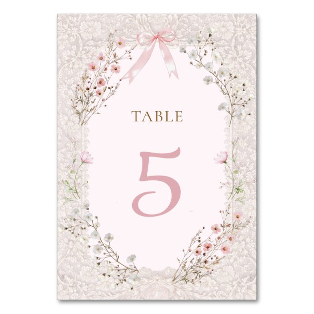 Tarjeta De Mesa diseño de encaje de flores rosadas (Anverso)