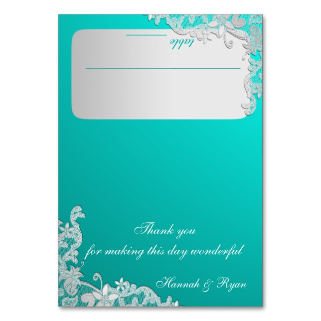 Tarjeta De Mesa Diseño de encajes florales turquesa y plateada (Anverso)