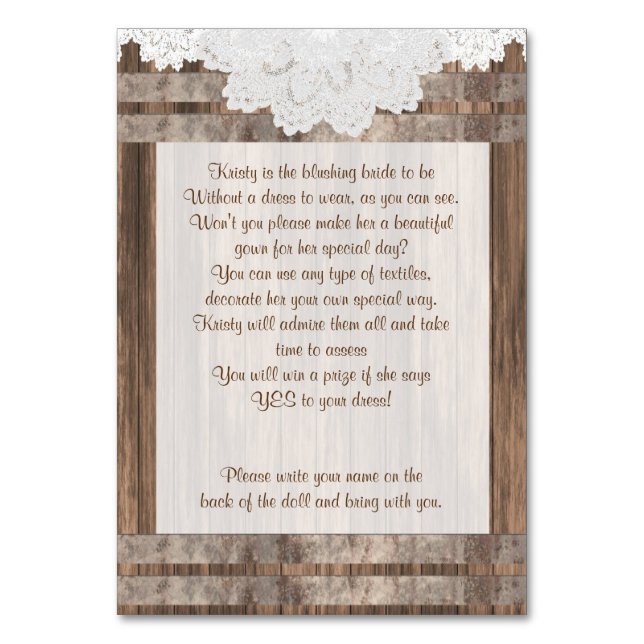 Tarjeta De Mesa Diseño de madera y encaje (Anverso)