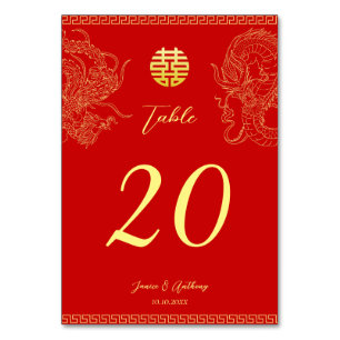 Tarjeta De Mesa Dragón fénix, boda chino de oro rojo