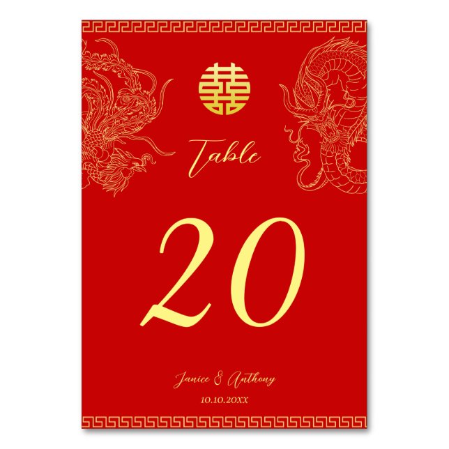 Tarjeta De Mesa Dragón fénix, boda chino de oro rojo (Anverso)
