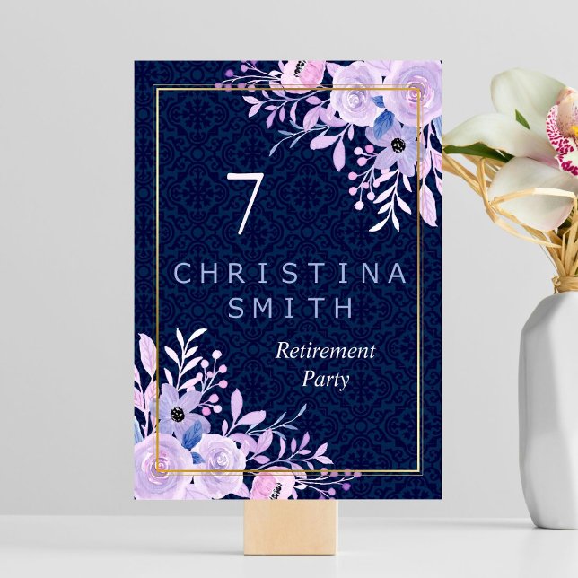 Tarjeta De Mesa Dreamy Lilac Pastel Watercolor Retirement Fiesta (Dreamy Lilac Pastel Watercolor Retirement Party Table Number)