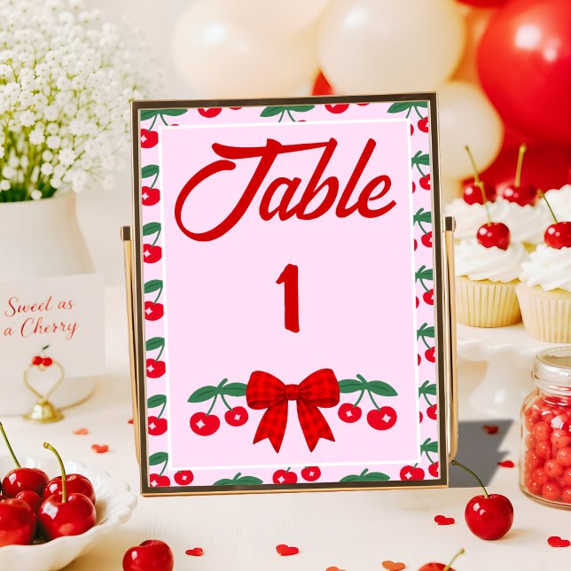 Tarjeta De Mesa Ducha de Bebé Cereza con Lazo de Gingham Rojo (Subido por el creador)