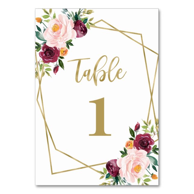 Tarjeta De Mesa Ducha de novia floral geométrica de Rubor Burgundy (Anverso)