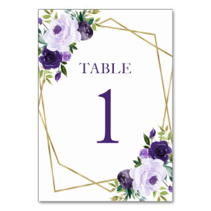 Tarjeta De Mesa Ducha dorada morada floral