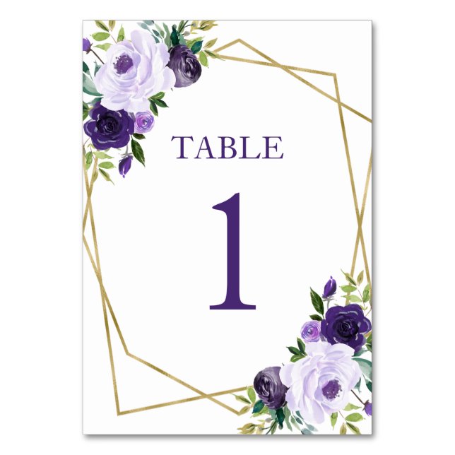Tarjeta De Mesa Ducha dorada morada floral (Anverso)