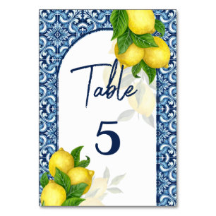 Tarjeta De Mesa Ducha nupcial boda azul y azulejos limón Amalfi