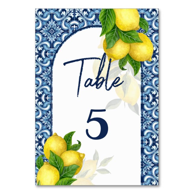 Tarjeta De Mesa Ducha nupcial boda azul y azulejos limón Amalfi (Anverso)