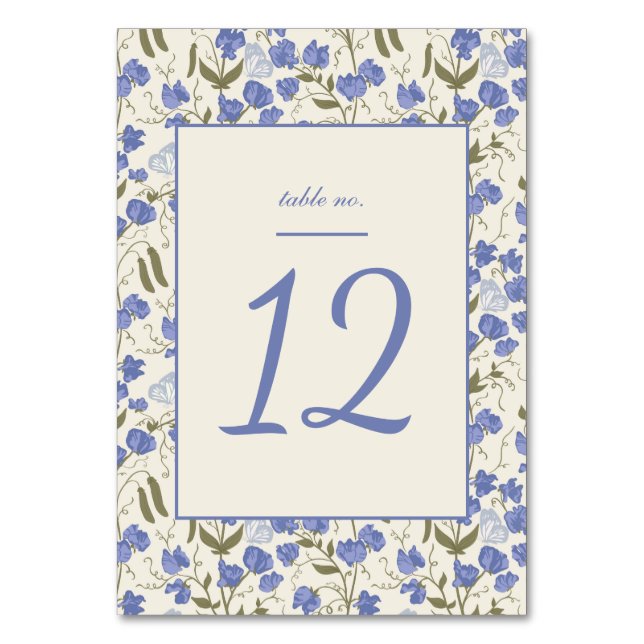 Tarjeta De Mesa Dulce Pea Crema Floral y Boda Azul (Anverso)