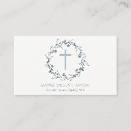 Tarjeta De Mesa Dusky Blue Floral Laurel Wreath Monograma Baptismo