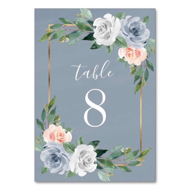 Tarjeta De Mesa Duste Blue Gold Rubor Boda Floral Rosa (Anverso)