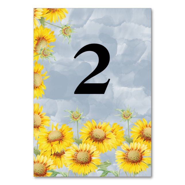 Tarjeta De Mesa Duste Blue Watercolor Sunflowers Monograma Boda (Anverso)