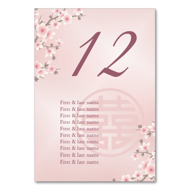 Tarjeta De Mesa Duste nombres de invitados de Bodas chinos rosados (Anverso)
