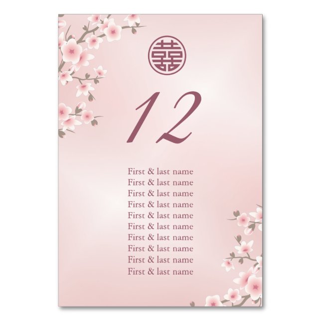 Tarjeta De Mesa Duste nombres de invitados de Bodas chinos rosados (Anverso)