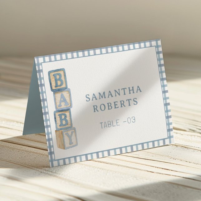 Tarjeta De Mesa Dusty Blue Baby Blocks Editable Tent Cards  (Baby Shower Table Number)
