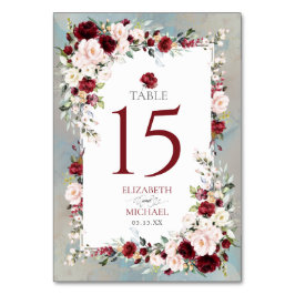 Tarjeta De Mesa Dusty Blue Burgundy Rubor Floral Elegant Wedding