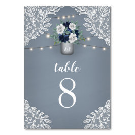 Tarjeta De Mesa Dusty Blue Country White Lace Mason Jar Boda