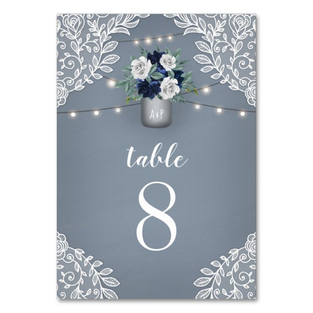 Tarjeta De Mesa Dusty Blue Country White Lace Mason Jar Boda (Anverso)