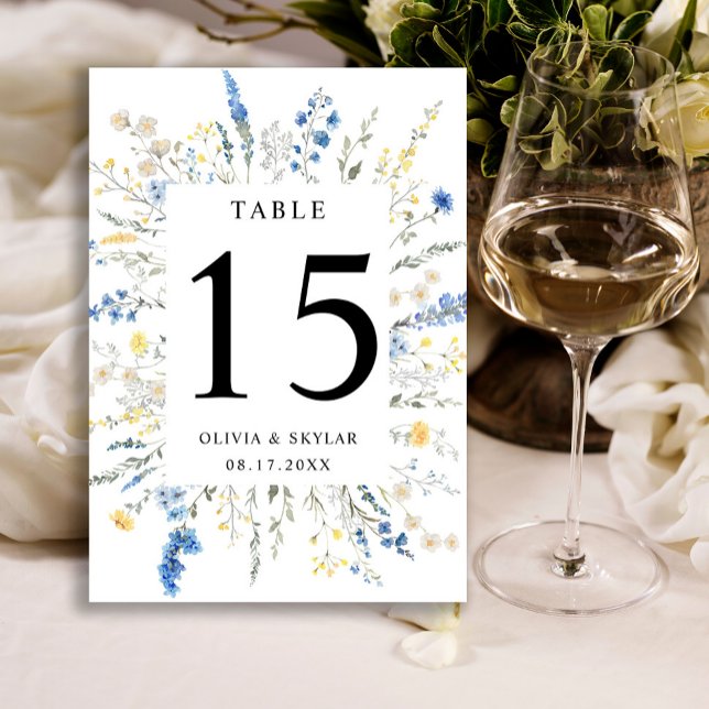 Tarjeta De Mesa Dusty Blue Dainty Wild Floral Boho Boda Amarillo (Subido por el creador)