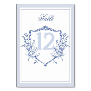 Tarjeta De Mesa Dusty Blue Elegant Rosas de época Escudo Boda