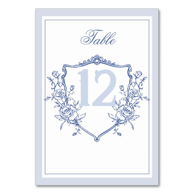 Tarjeta De Mesa Dusty Blue Elegant Rosas de época Escudo Boda (Anverso)