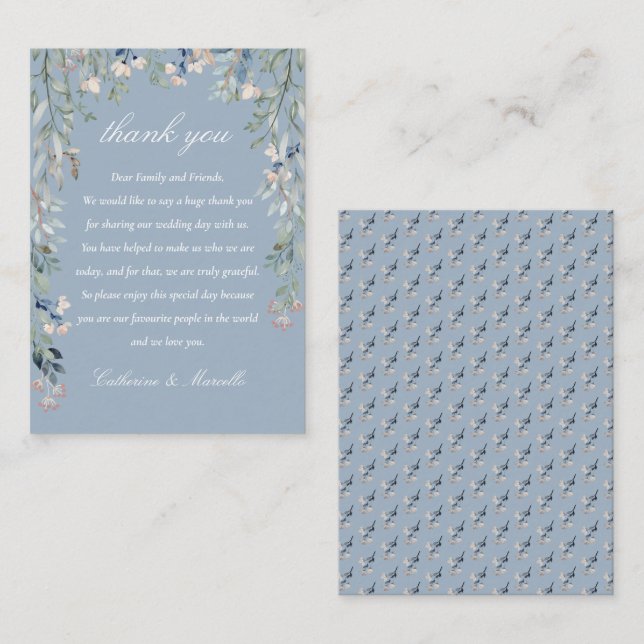 Tarjeta De Mesa Dusty Blue Floral Cascade Boda Gracias (Anverso / Reverso)