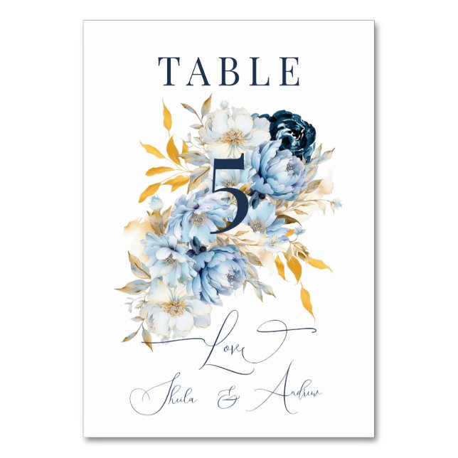 Tarjeta De Mesa Dusty Blue Floral Gold (Anverso)
