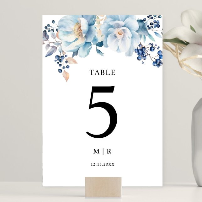 Tarjeta De Mesa Dusty Blue Floral Winter Wedding (Subido por el creador)