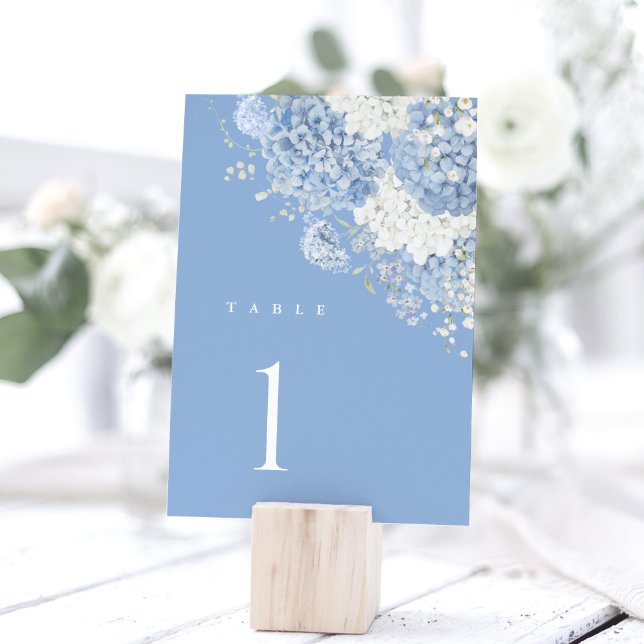 Tarjeta De Mesa Dusty Blue Hydrangea Watercolor Floral (Dusty blue hydrangea table number card, watercolor floral wedding sign decor, wood block holder)
