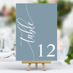 Tarjeta De Mesa Dusty Blue Modern Calligraphy Boda<br><div class="desc">Guíe a sus huéspedes para que se senten con estos elegantes números de mesa de boda azul polvoriento de la moda. Con un diseño minimalista con caligrafía moderna, estos números de mesa le dan un toque sofisticado a la recepción de su boda. El suave fondo y la tipografía limpia y...</div>