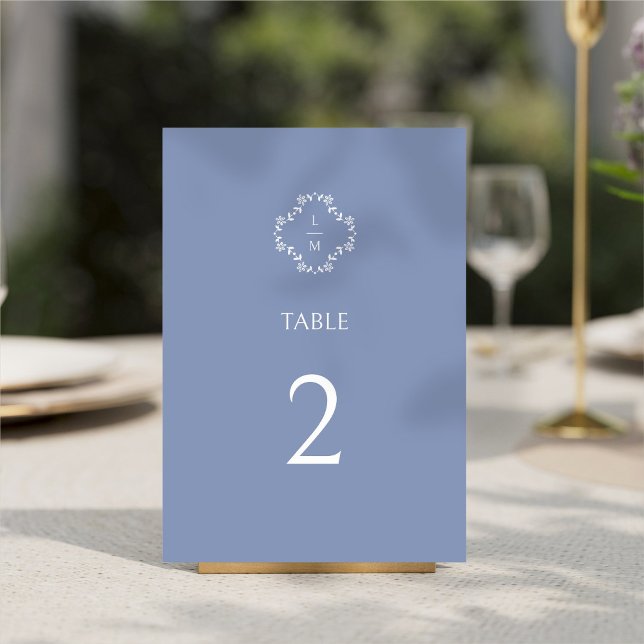 Tarjeta De Mesa Dusty Blue Modern Floral Monograma Boda (Subido por el creador)