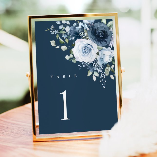 Tarjeta De Mesa Dusty Blue Navy Floral Wedding Table Number Sign (Navy floral table number in a gold frame with blue watercolor flowers, elegant wedding table decor)