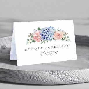 Tarjeta De Mesa Dusty Blue Pastel Hidráneas rosas Nombre de invita