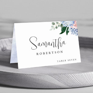 Tarjeta De Mesa Dusty Blue Pastel Hidráneas rosas Nombre de invita