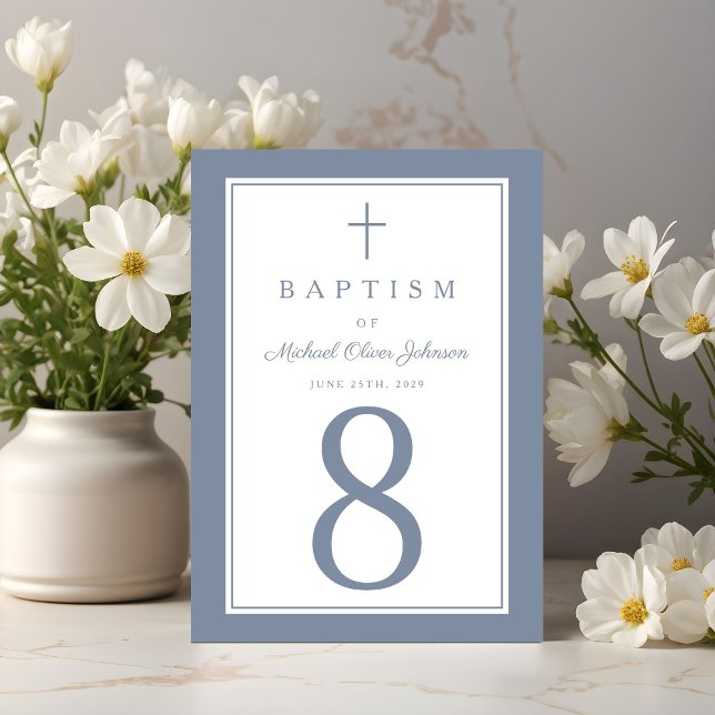Tarjeta De Mesa Dusty Blue Religious Cross Boy Baptism (Dusty Blue Religious Cross Boy Baptism Table Number)