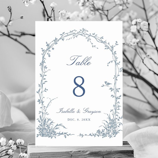 Tarjeta De Mesa Dusty Blue Romantic Botanical Arch Garden Wedding (Subido por el creador)