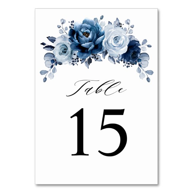 Tarjeta De Mesa Dusty Blue Slate Navy Boda Botánico Floral (Anverso)