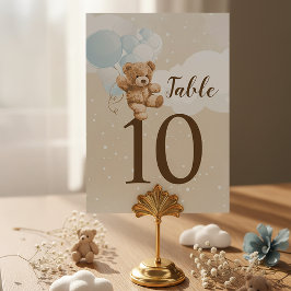 Tarjeta De Mesa Dusty Blue Teddy Bear Balloon Baby Shower