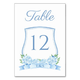 Tarjeta De Mesa Dusty Blue Timeless Hydrangea Escudo Boda